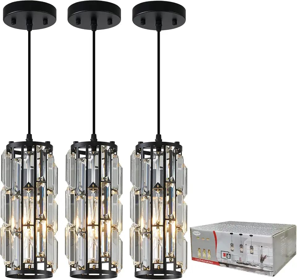 Black Pendant Lighting Modern Pendant Lighti,Pendant Lights Kitchen Island Crystal Pendant Light Fixture,Mini Crystal Chandeliers for Kitchen, Dining Room and Bedroom (3 Pack)