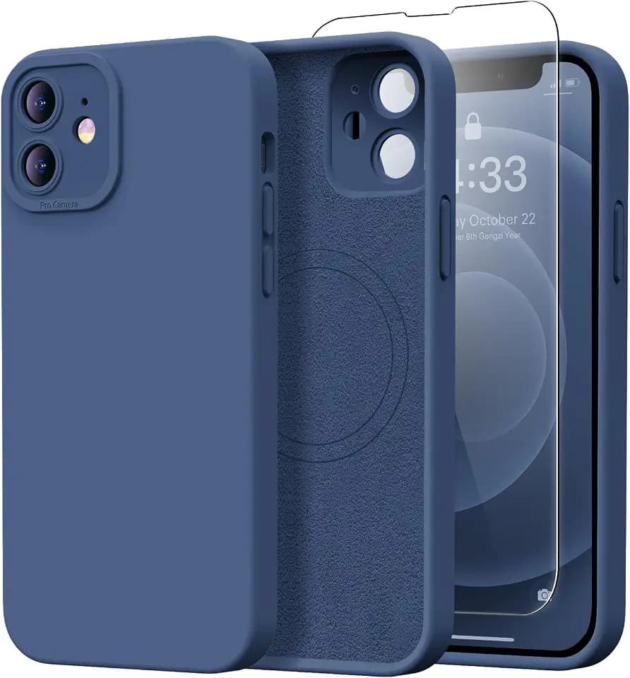 Designed for iPhone 12 Mini Case with Screen Protector - Upgraded Camera Protection - Wireless Charging Compatible - Silicone Protective Phone Case 5.4" for Men Women Girls - Navy Blue