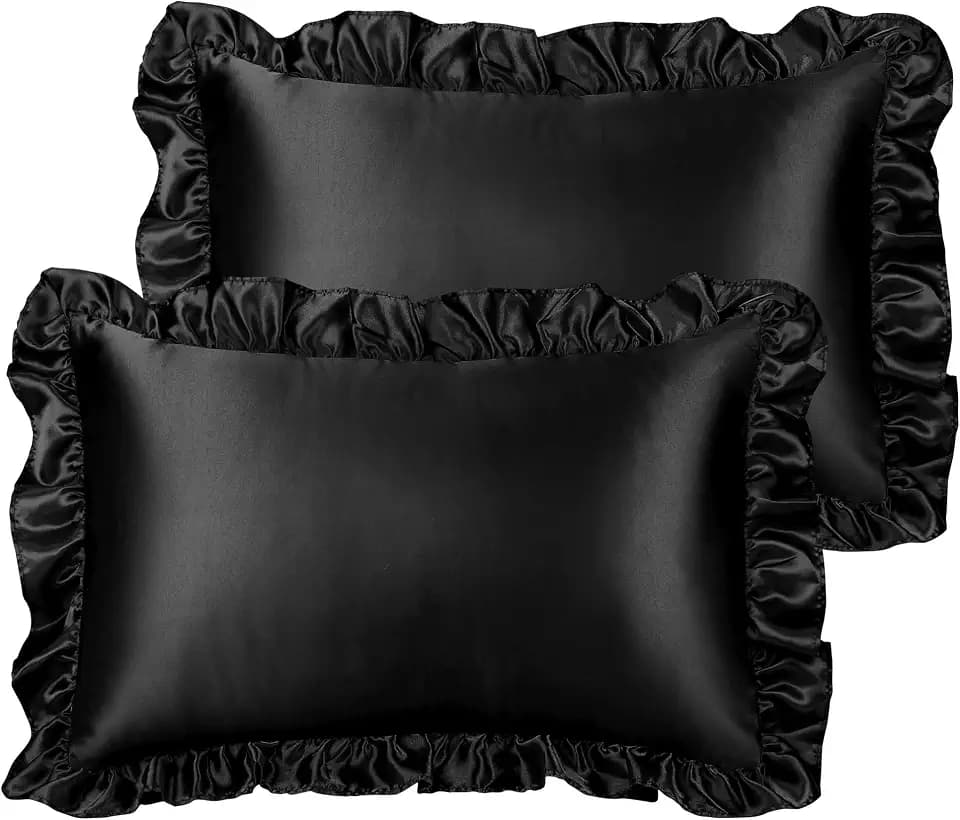 PiccoCasa Satin Ruffled Pillow Shams Set of 2, Envelope Queen Black