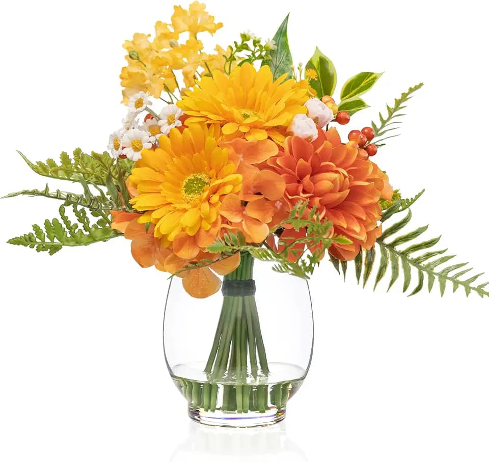 Artificial Flowers in Vase with Fake Water, Faux Silk Orange Yellow Flower