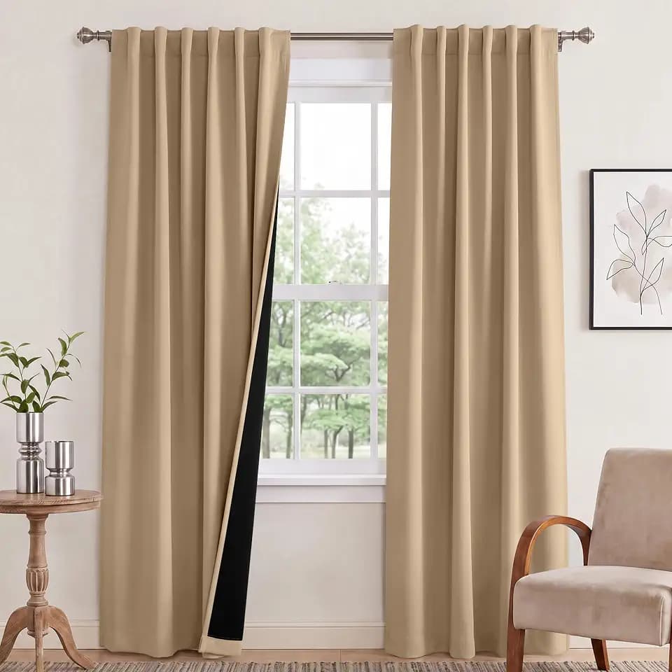 NICETOWN Living Room Completely Shaded Draperies, Privacy Noise Reducing Drapes for Laundry, Black Lined Insulated Window Treatment Curtains for Patio Door (Biscotti Beige, 2 PCs, W52 x L84)