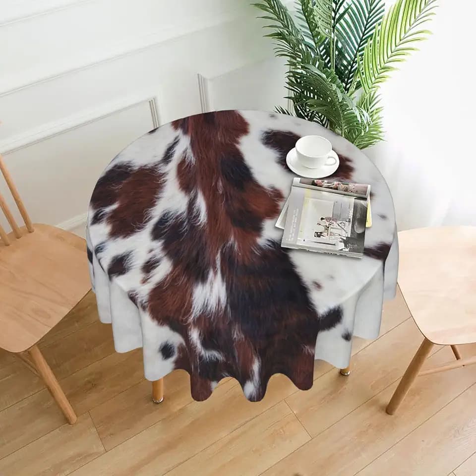 Cowhide Fur Tablecloth,Western Ranch Brown and White Cow Print Vintage Living Room Kitchen Table Decor,Round 36in