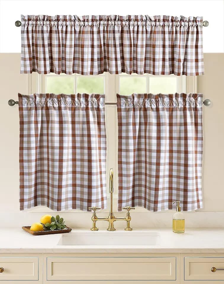 Gingham Check Valance 54"x18" and Tiers 26"x36" Set - Semi Sheer Rod Pocket Curtains, Classic Farmhouse Plaid Window Treatments for Kitchen, Dining Room - Brown & Beige