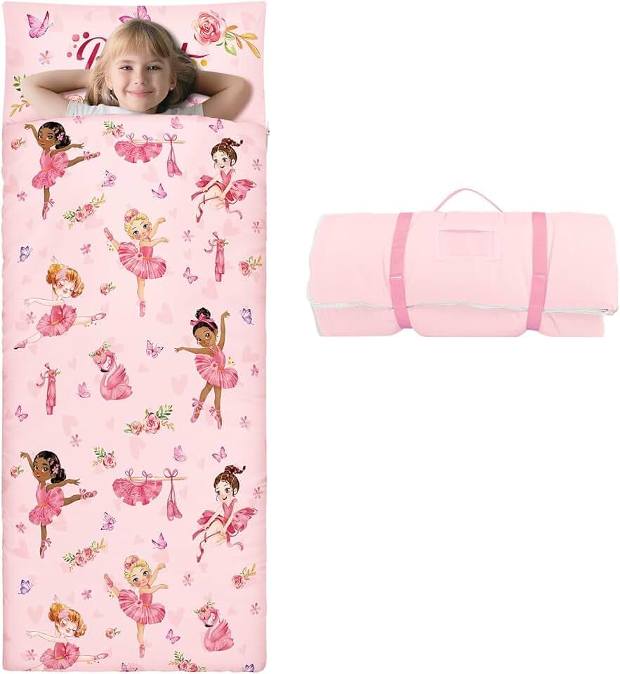 Kids Sleeping Bag Toddler Nap Mat with Removable Pillow, Large Foldable Sleeping Bag for Girls Boys, Easy Clean Slumber Bag with Double Zip for Camping School Preschool Daycare, 59×24 inch