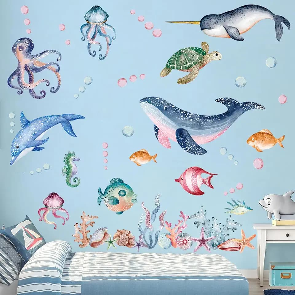 Ocean Big Shark Ocean Fish Octopus Turtle Whale Seaweed Wall Decal Removable Wall Decor for Bedroom Bathroom Living Room Decoration 2 Pcs 30X90CM