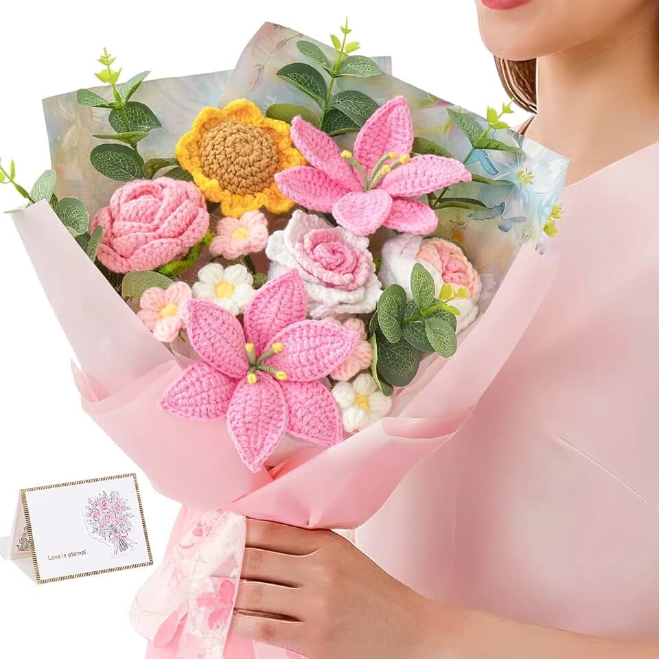 Serwalin Pink Crochet Flower Bouquet Handmade Knitted Flowers for Lover