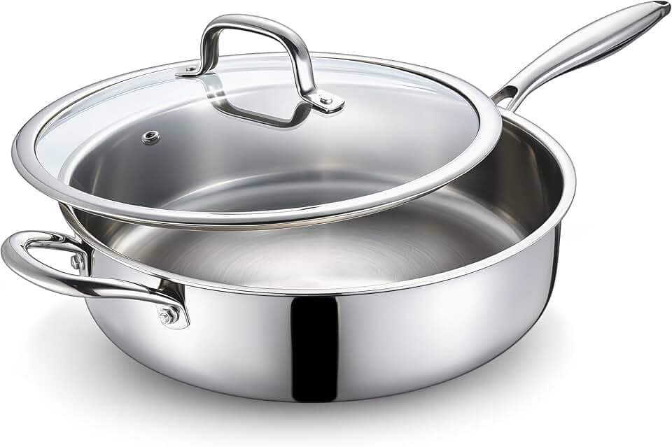 E-far Saute Pan with Lid, 12 Inch 6QT Tri-Ply Stainless Steel Frying Pan