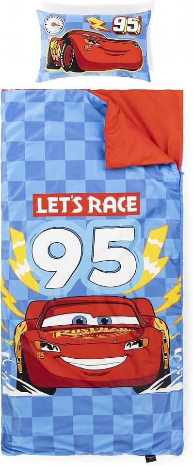Jay Franco Kids Slumber Bag and Pillow - 54 x 27 Inch Comfy Indoor Sleeping Bag for School and Sleepovers, 2 Piece Set, Blue - Cars