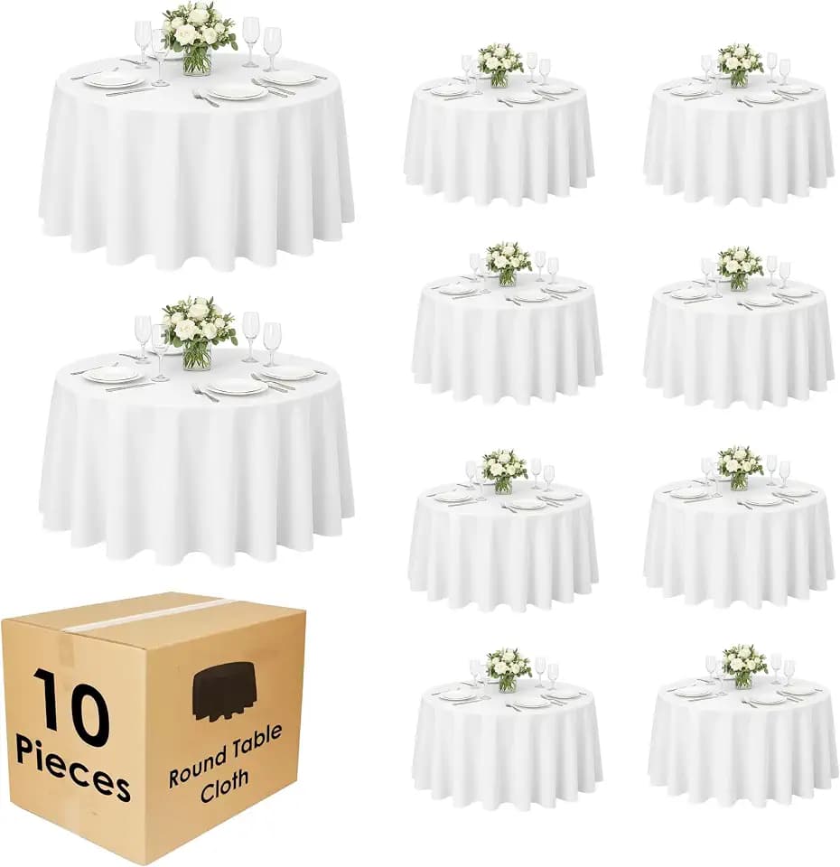 10 Pack 70 Inch White Round Tablecloth, Polyester Fabric Washable Table Cloth for Home, Party, Wedding or Restaurant Use