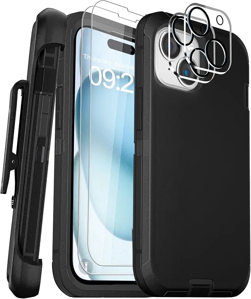 for iPhone 15 Case 6.1" Belt Clip Kickstand with 2 Screen Protector & 2 Camera Lens Protector, Full Body Protection Heavy Duty Case Cover (Black+Clip)