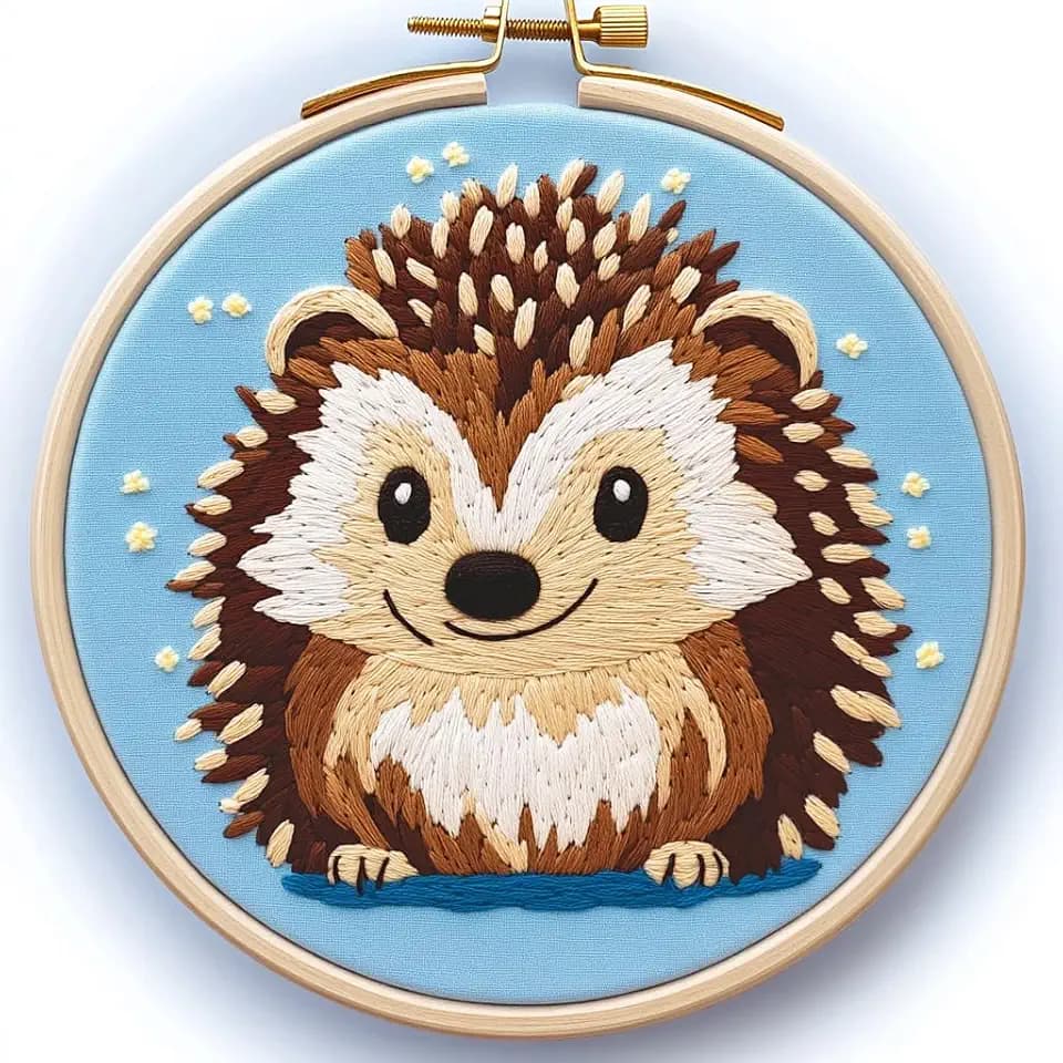DIY Punch Needle Kits Hedgehog with Hoop 20x20cm-1