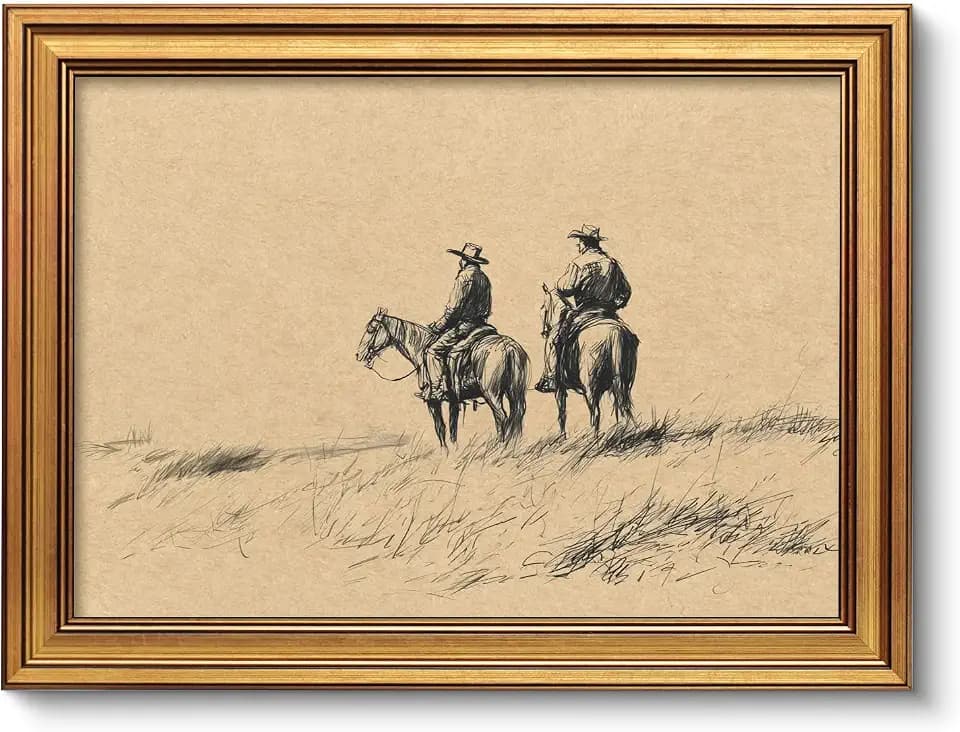 VIYYIEA Gold Framed Canvas Wall Art, Vintage Cowboy Sketch Art, 12x16 Inch