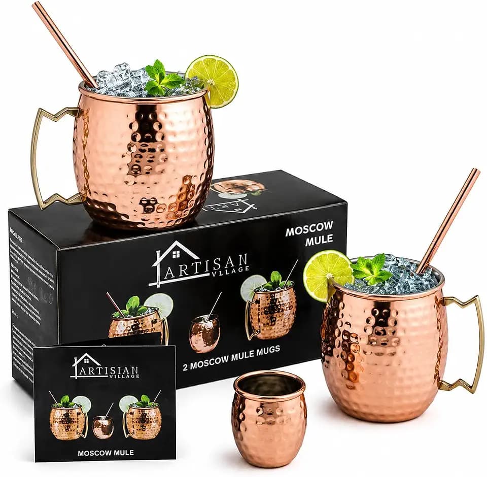Moscow Mule Copper Mugs Set of 2, Straws, Jigger & Shot Glass, 16 oz