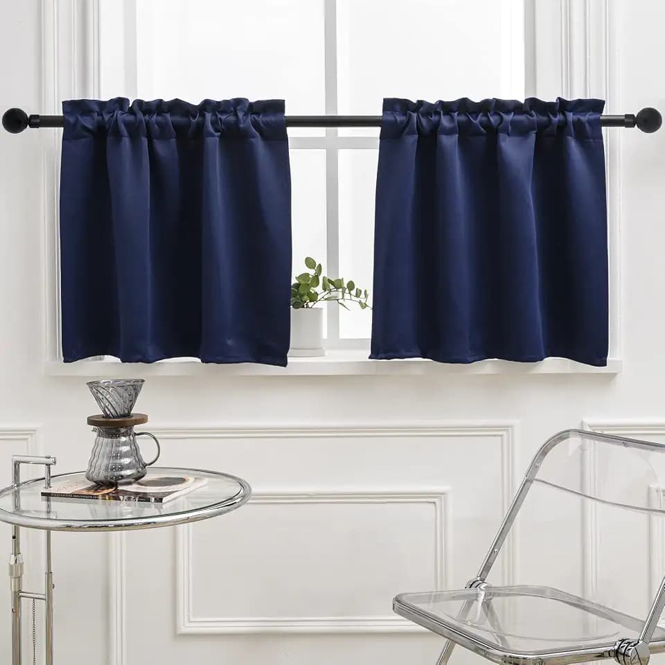 Pickluc 24 Inch Long Tier Curtains for Small Window Treatment, Short Blackout Curtain with Rod Pocket - Half Window Curtains for Kitchen, Cabinet, Basement, Camper, 2 Panels, Navy, 30 Inches Wide…