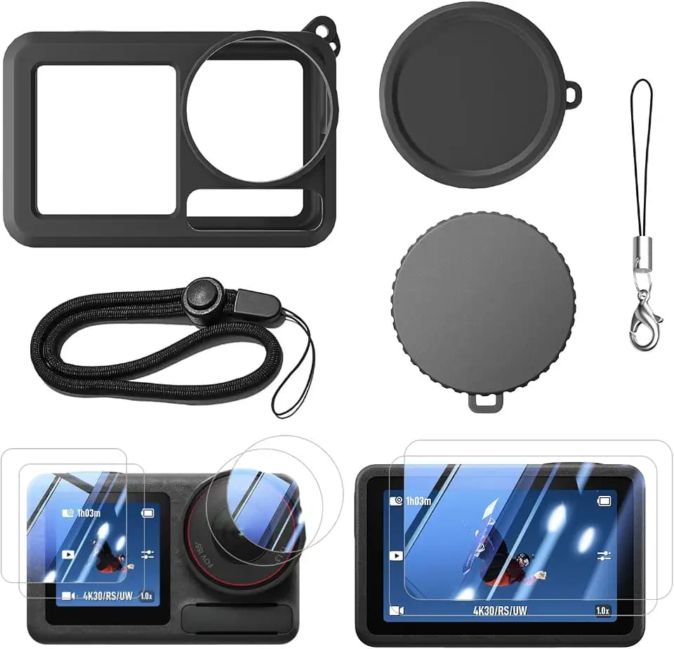 DJI OSMO Action 5 Pro Schutzset, Silikonhülle, Glasfolien, Objektivdeckel, Aufbewahrungstasche, für Outdoor, Reise, Alltag