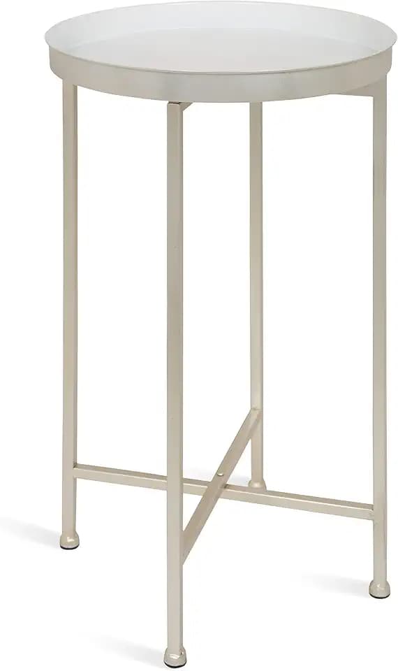 Kate and Laurel Celia Round Metal Foldable Tray Accent Table, White with Silver Base