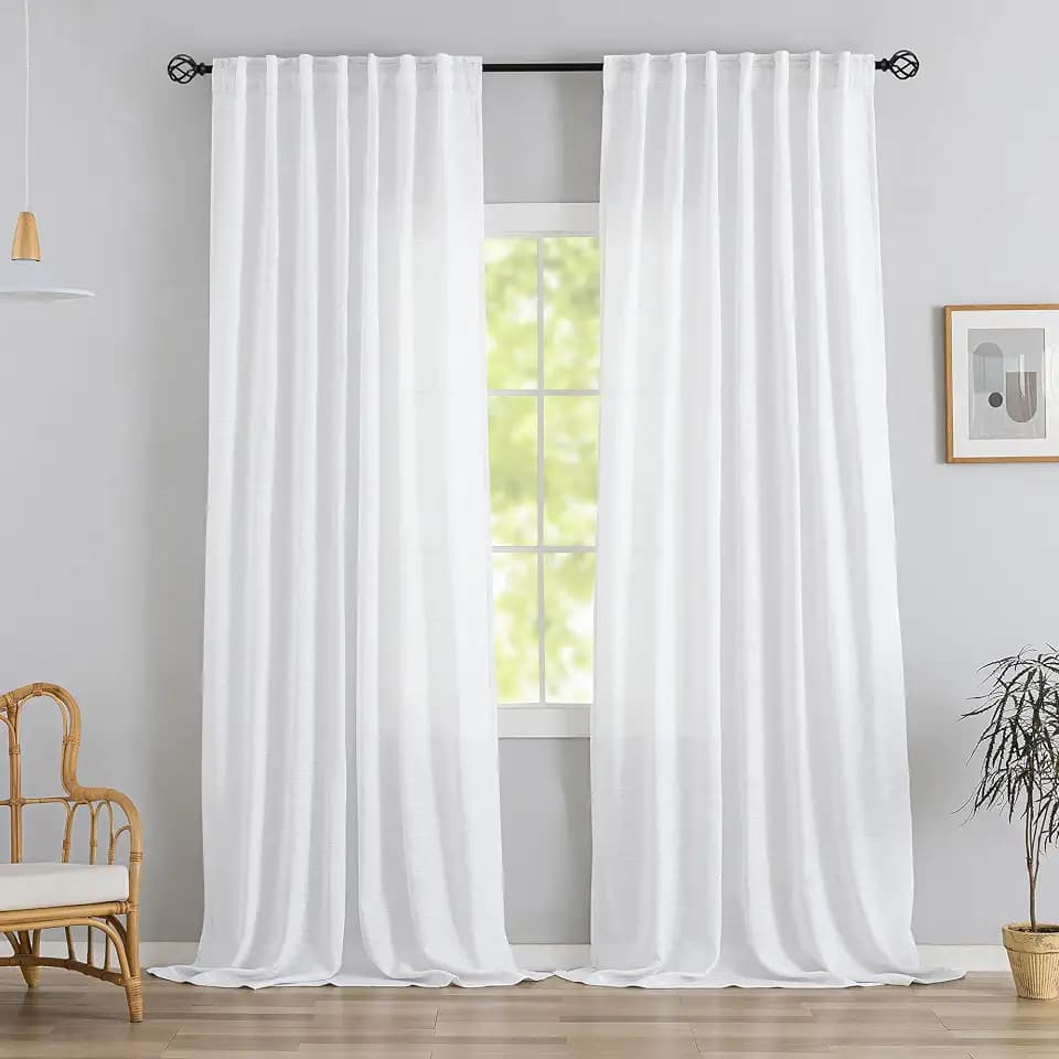 DONREN White Linen Back Tab Curtains 105 Inches Long 2 Panels for Bedroom,Modern Farmhouse Hooks Belt Pleated Semi Privacy Drapes Shabby Chic Light Filtering Window Curtains W72 x L105
