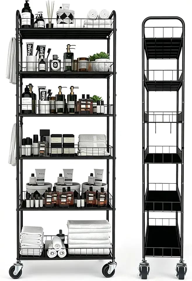 10in 6 Tier Slim Rolling Storage Cart with Metal Wheels,Black