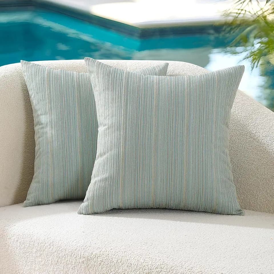 VAKADO Outdoor Chenille Pillow Covers 18x18 Set of 2,Waterproof UV Fade Resistant Stripe Patio Pillow Cushion Covers for Furniture Decorative Porch Couch Throw Pillow Cases for Garden Light Blue