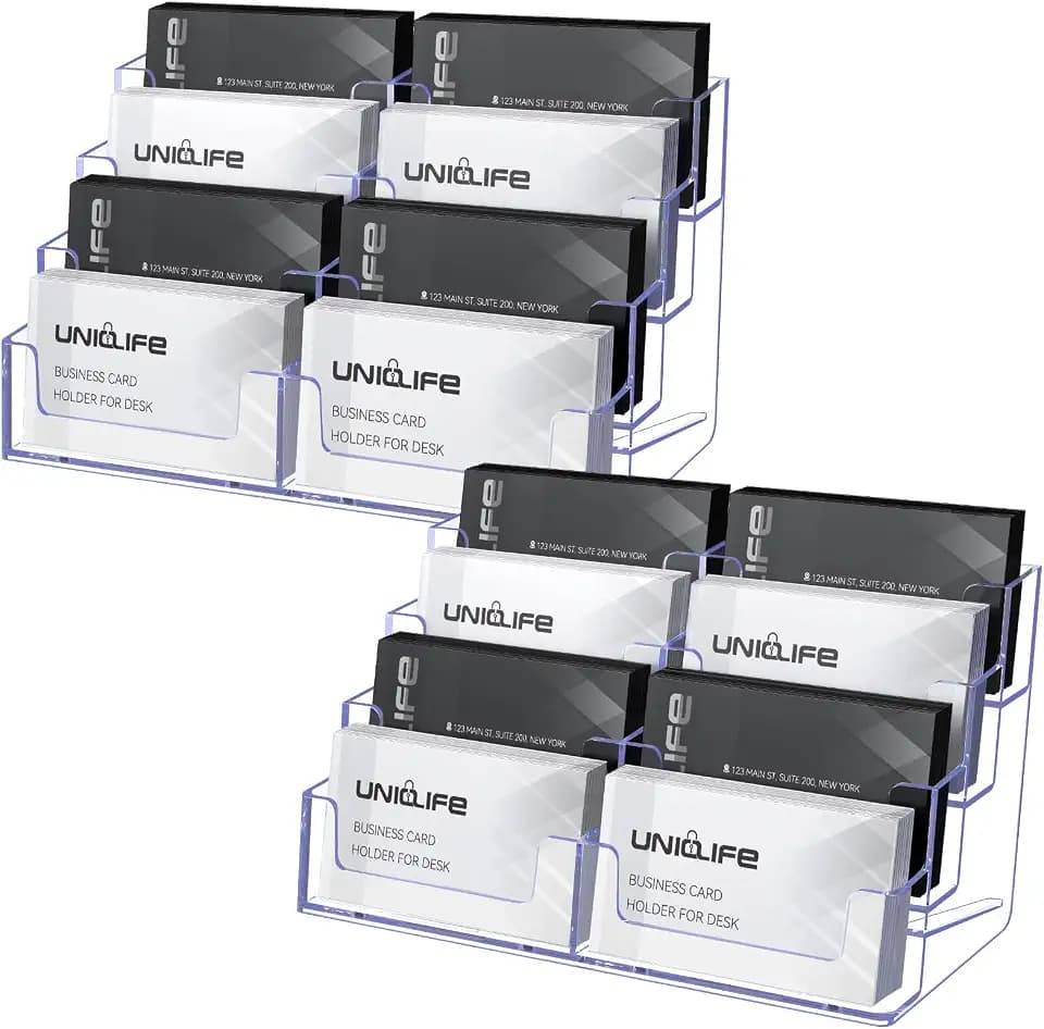 Uniclife 2 Pack Acrylic Business Card Holder for Desk 8 Slots Clear Business Card Display Stand for Men & Women Desktop Business Card Organizer Card Stand for Office Home Exhibition, 480 Card Capacity