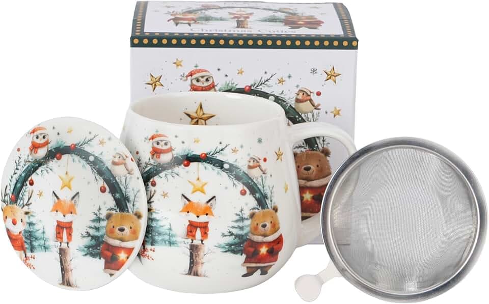 Teetasse mit Deckel und Sieb, 430 ml – Porzellan New Bone China, Edelstahl-Teesieb, Geschenkbox – Weihnachtsdesign – spülmaschinen- & mikrowellengeeignet – Geschenk (CHRISTMAS CUTIES 2)