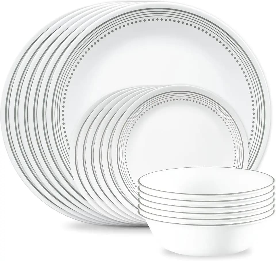 Corelle Vitrelle 18-Piece Service for 6 Dinnerware Set Triple Layer Glass and Chip Resistant, Lightweight Round Plates and Bowls Set, Mystic Gray