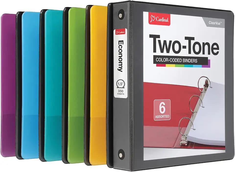 Cardinal Two Tone 3 Ring Binders, Binders for School and Office, Black/Rainbow, Durable 1.5 inch Round Rings, Holds 350 Sheets, Presentation Cover, Clear Pockets, Non-Stick, 6 Pack (1000834)