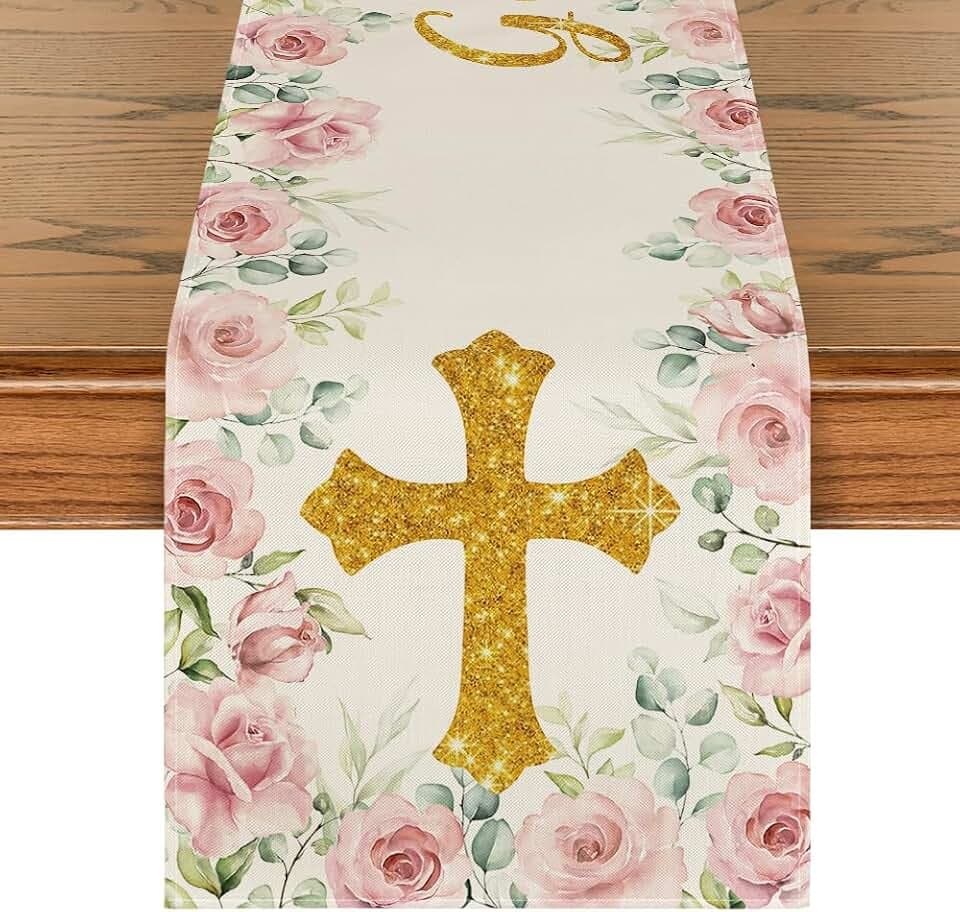 Artoid Mode Pink God Bless Girl Baptism Baby Shower Table Runner, First Holy Communion Christening Holiday Kitchen Dining Table Decoration for Home Party Decor 13x72 Inch