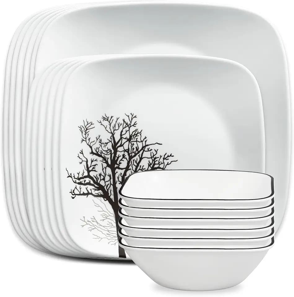 Corelle Vitrelle 18-Piece Service for 6 Dinnerware Set Triple Layer Glass and Chip Resistant, Lightweight Square Plates and Bowls Set, Timber Shadows