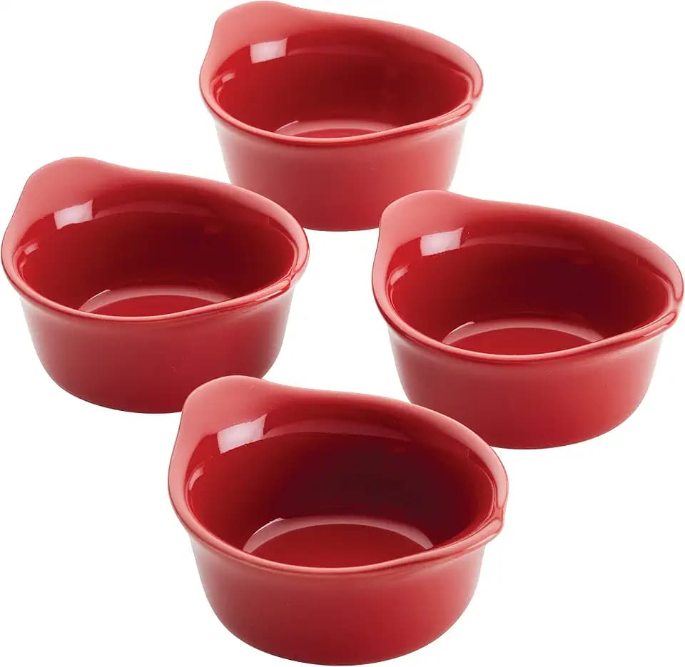 Rachael Ray Solid Glaze Ceramics Round Ramekins/Dipping Cup Set, 4 Piece, Red