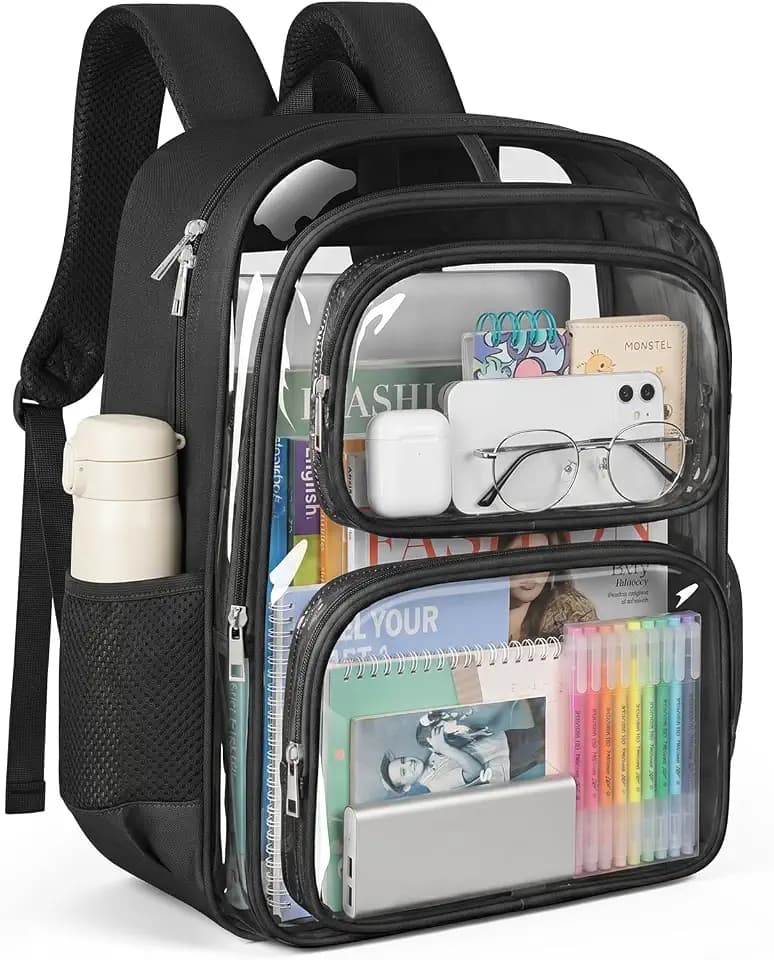 Clear Backpack, Fabric & PVC Clear Bookbag Heavy Duty Transparent Bag Large Capacity See Through Backpack with Thickened Shoulder Straps for College Work Travel Security, Black