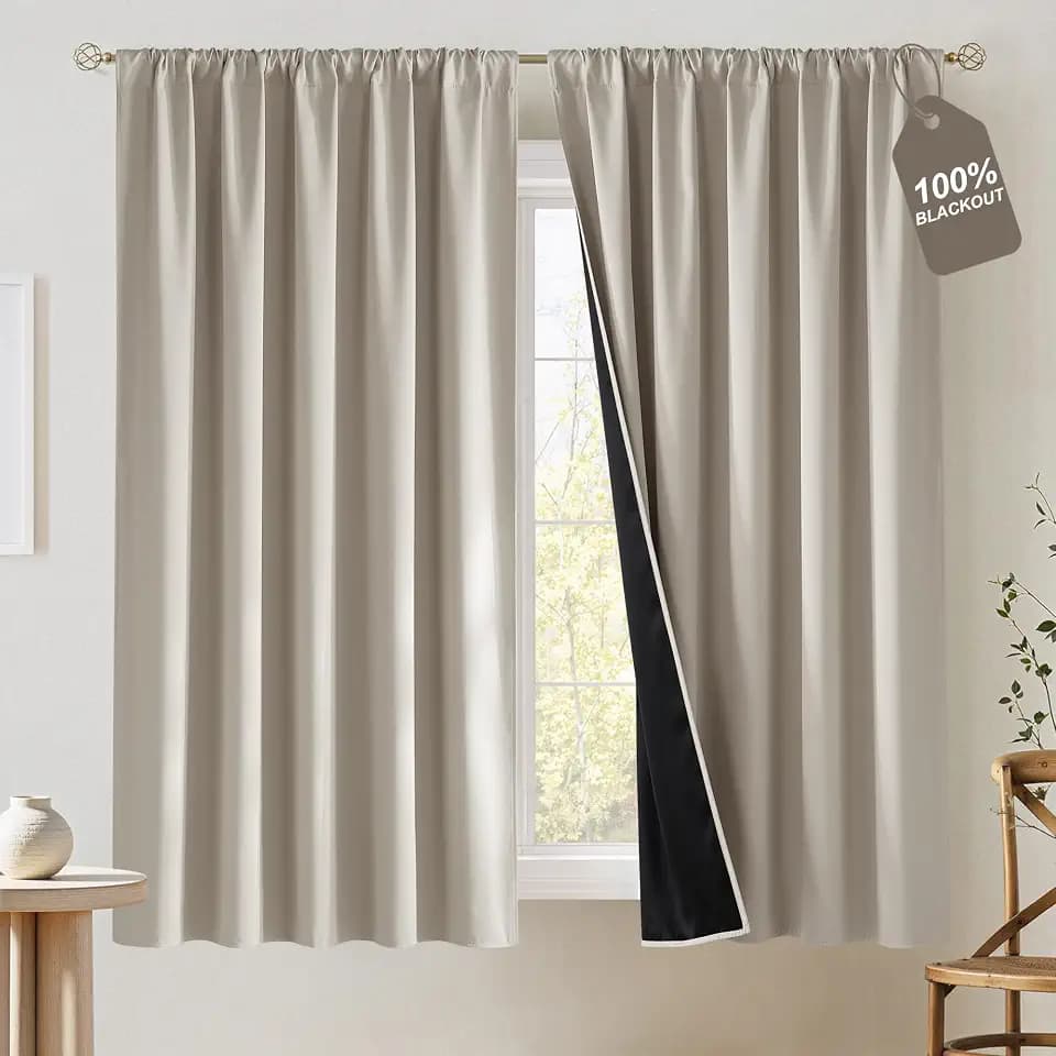 NICETOWN 100% Blackout Bedroom Curtains 63 inch Length, Rod Pocket Thermal Curtains Sound Reducing Window Treatment for Living Room, Natural, W52 x L63, 2 Panels