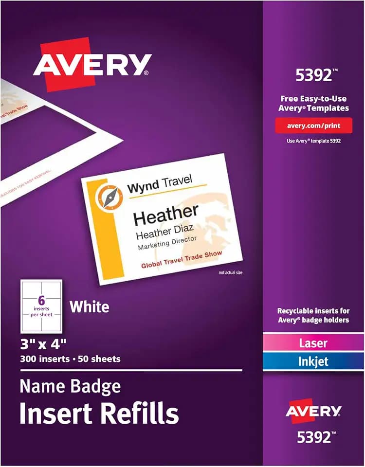 Avery Customizable Name Badge Inserts for Name Tag Holders, 3" x 4", White, Laser/Inkjet Printable, 300 Inserts Per Pack, 1,500 Total (5 Packs of 5392)