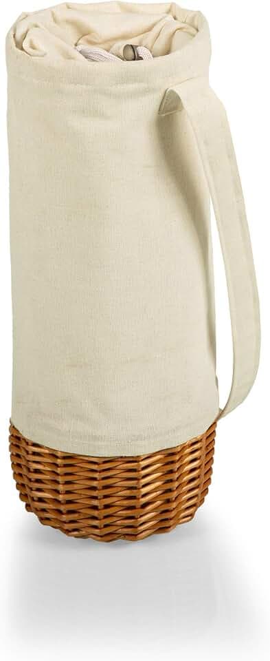 PICNIC TIME Malbec Insulated Canvas and Willow Wine Bottle Basket, Fully Insulated Wine Bag, Durable Bottle Carrier Bag for Gifts and Travel with Steamed Handwoven Willow, (Beige Canvas)