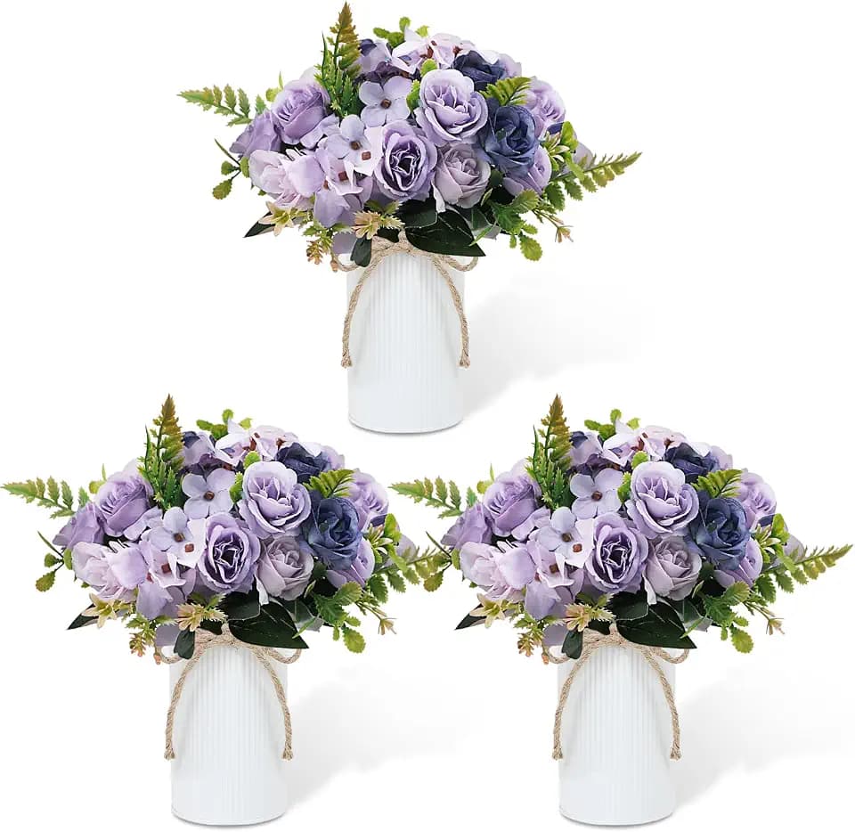 Dining Table Centerpiece Sets 3 Artificial Rose Bouquet with Vase - Farmhouse 6 Pcs Silk Flowers and 3 Pcs Metal Pot Small Faux Floral Arrangements for Wedding Party Home Kitchen Bathroom Décor, Lilac