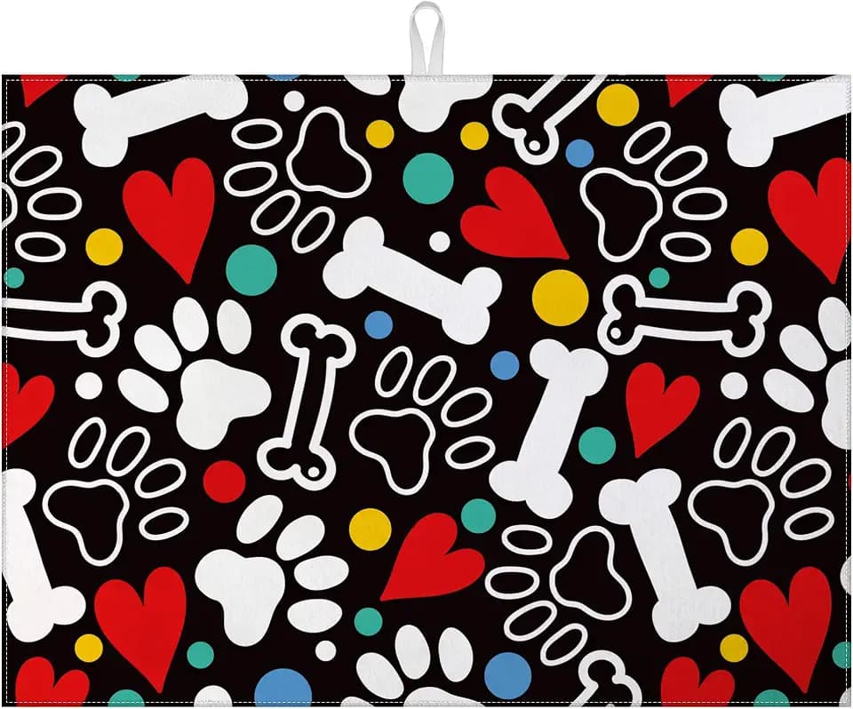Dog Paw Bone Dish Drying Mat for Kitchen Counter Drying Pad Absorbent Reversible Dish Drainer Rack Mats Draining Pad 18"x24"Inch