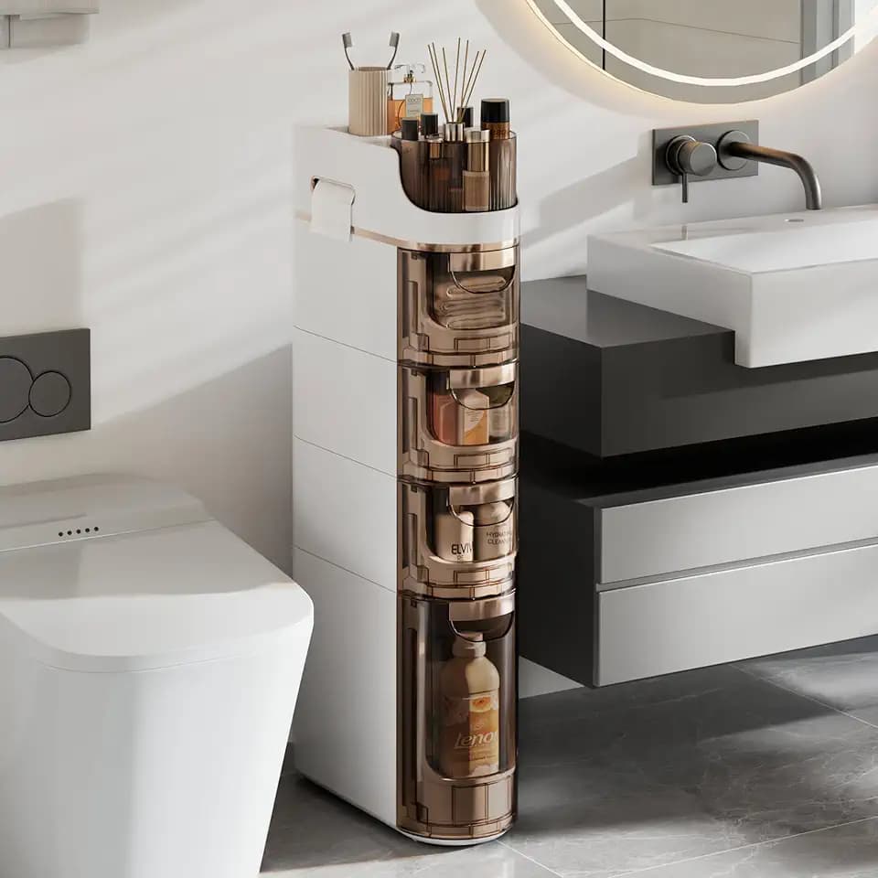 VECELO 4-Tier Slim Bathroom Storage Cabinet with Wheels, Skinny Bathroom Storage Cabinet with Drawers, Toilet Paper Holder, Movable Narrow Floor Cabinet for Small Space, Bathroom