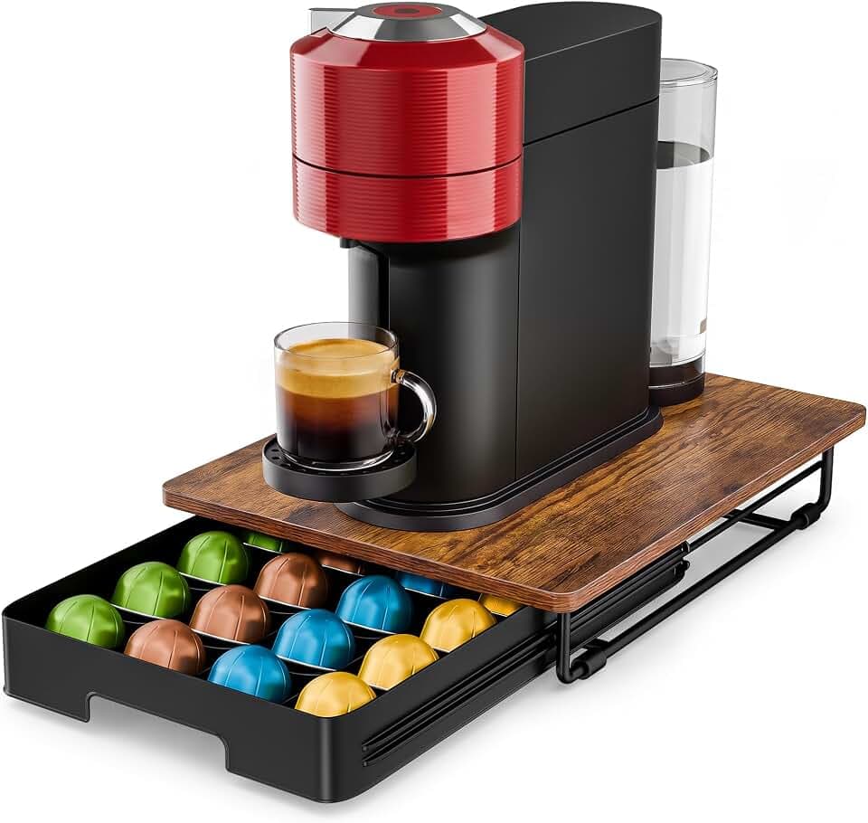 EVERIE Coffee Pod Drawer Compatible with Nespresso Vertuo Capsules, Low Profile Wooden Pod Holder, 24-Slot Rustic Brown Organizer with Metal Frame, 15.9 x 12 x 3 In