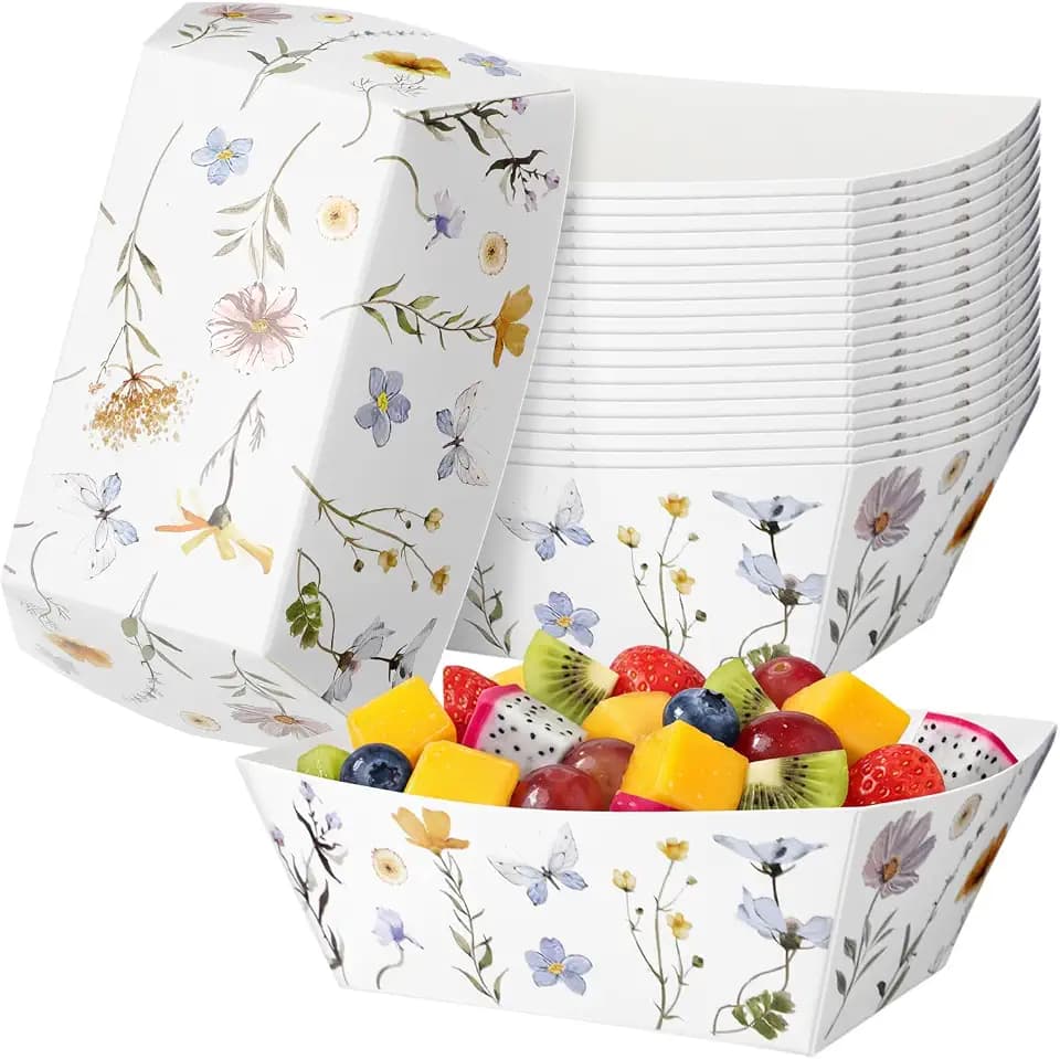 Ceenna 50 Pcs Wildflower Paper Food Trays Elegant Floral Nacho Trays Disposable Summer Snack Popcorn Boats Holder for Garden Decoration Party Bridal Baby Shower Tea Party Birthday Wedding Supplies