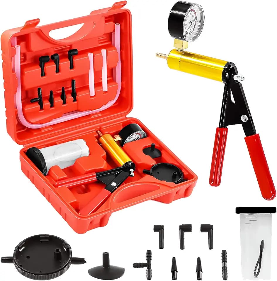 Swpeet 15Pcs.1Set Rot 2 in 1 Handvakuumpumpe Bremsentlüfter Sortiment Kit, Bremssystem Entlüftungswerkzeuge Manuelle Vakuumpumpe mit Messgerätadaptern ersetzen Bremsöl für Motorrad, Fahrrad, Auto