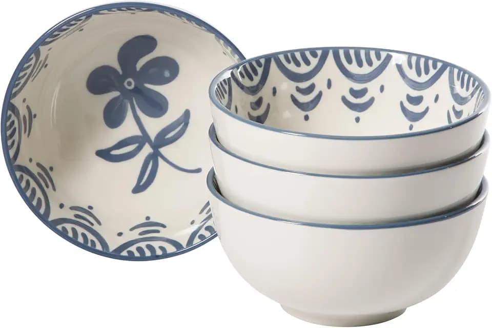 Bloomhouse - 2-Time Oprah’s Favorite Things - Valencia Flor 4 Piece 6” Cereal Bowl Set, Stoneware Bowls, Mediterranean Floral Decal Design, Microwave & Dishwasher Safe, Iris Blue