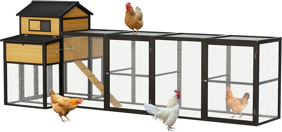 Yafylly Large Wooden Chicken Coop 150" Outdoor Duck House with 2 Nesting Boxes Waterproof Asphalt Roof Ramp Removable Tray Wire Fence Poultry Pet Hutch for Backyard Small Animal, Wood
