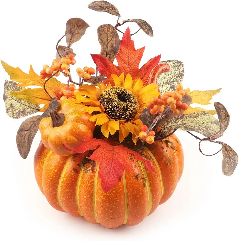 12 Inch Artificial Pumpkins Large Fake Pumpkin Decor Plastic Pumpkins Decorative with Sunflower Maple Leaf Berries Faux Pumpkin for Decorating Fall Harvest Thanksgiving Tables Centerpieces Decor