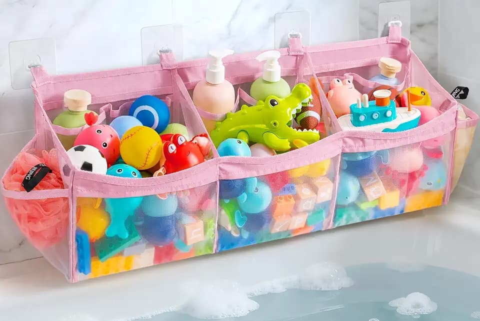 Criusia Extra Large Bath Toy Organizer with 3 Compartments and Multiple Pockets, Quick-Dry Mesh Bathtub Storage for Kids' Toys (Pink)