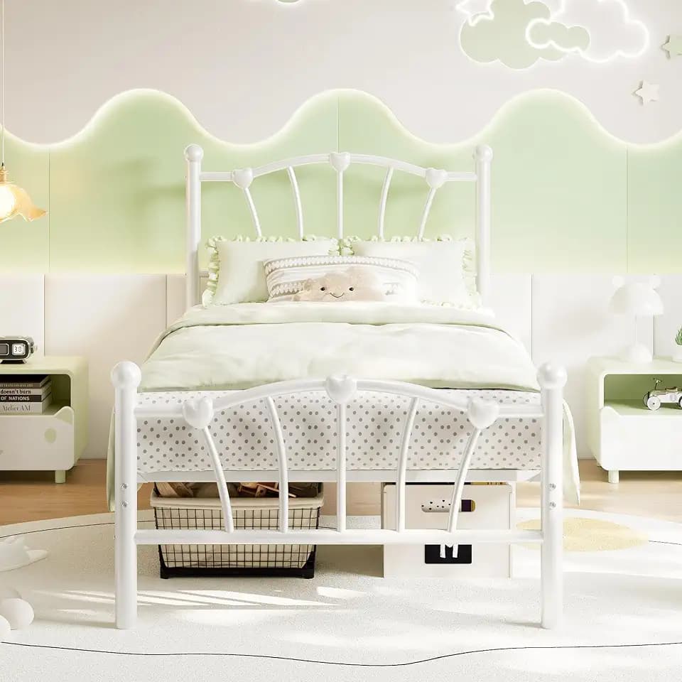 GarveeHome Twin Size Bed Frame, Metal Bed Frame with Headboard, White