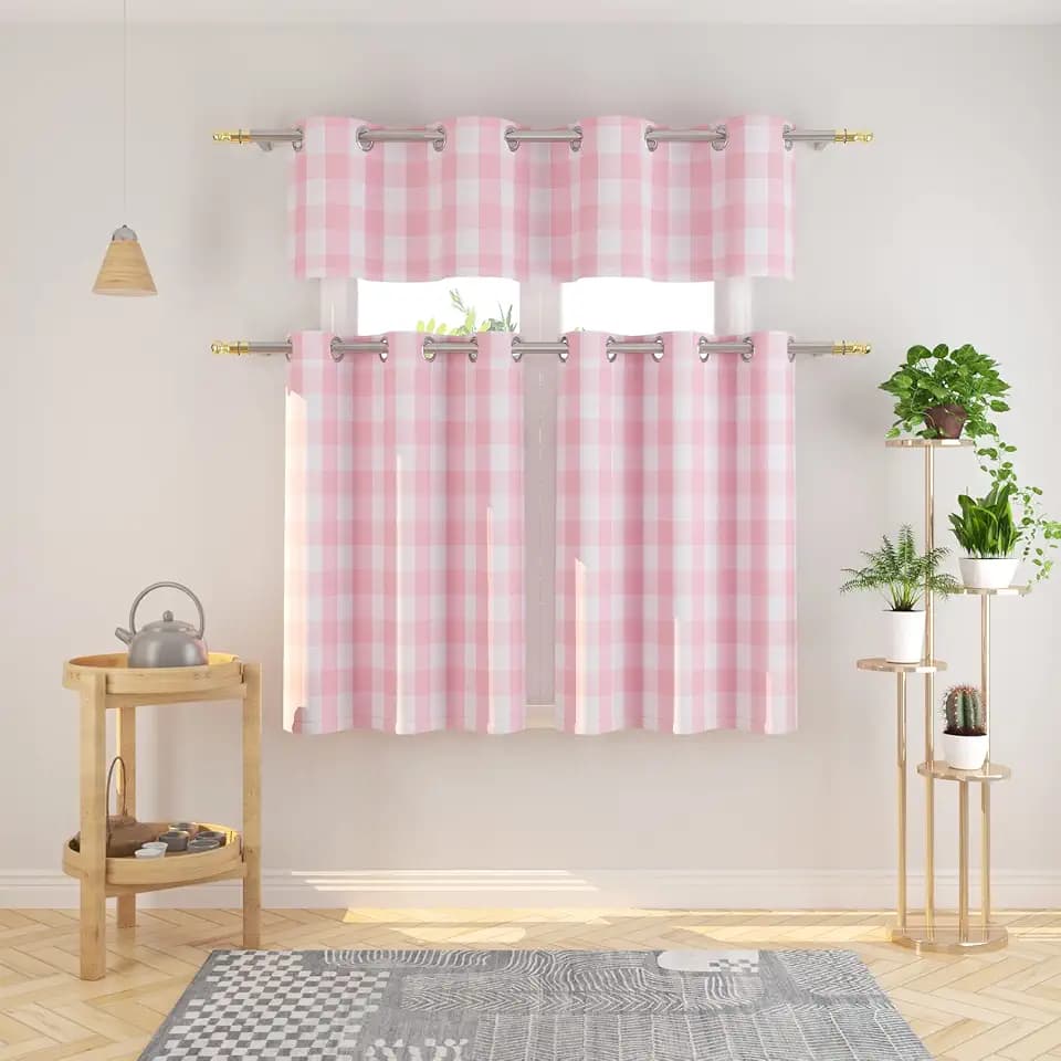 3 Pc Cotton Classic Country Farmhouse Kitchen Window Curtain Grommet Top -Pink & White Buffalo Check Tier & Valance Set, 54" x 18" / 32" x 30"