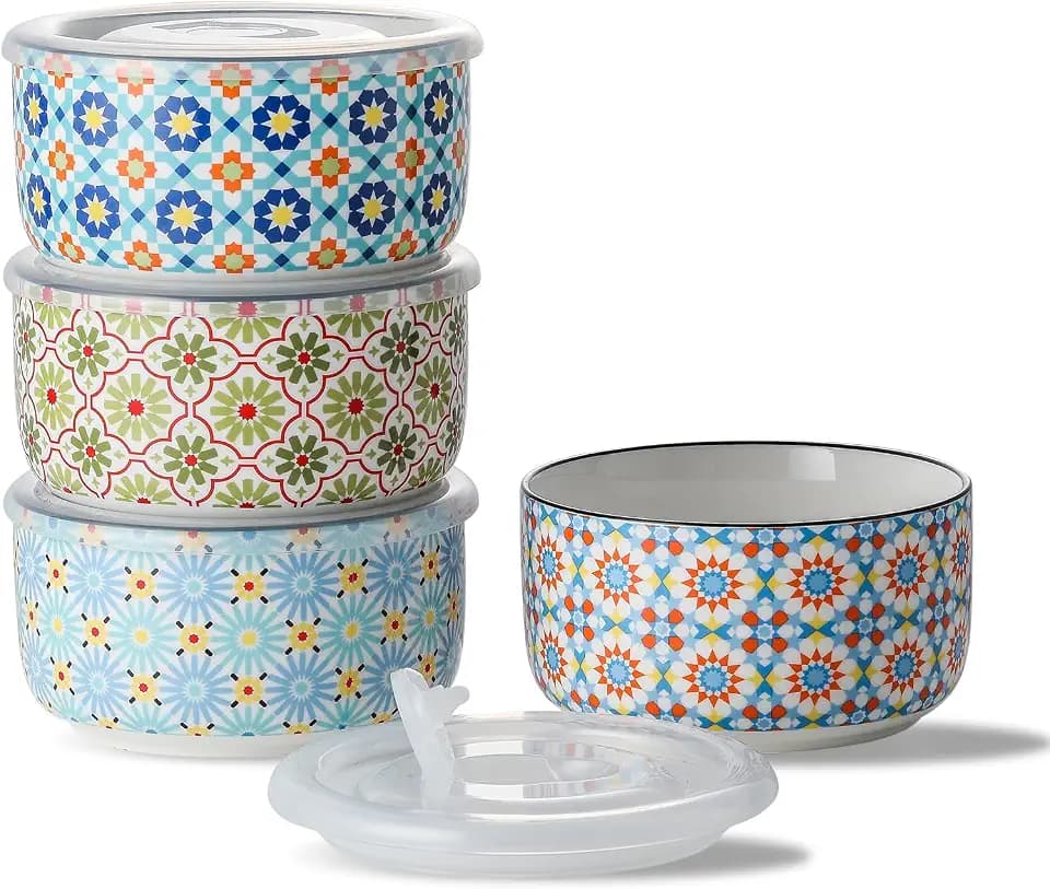 Ceramic Bowls Set with Lid, Microwave Safe, Set of 4