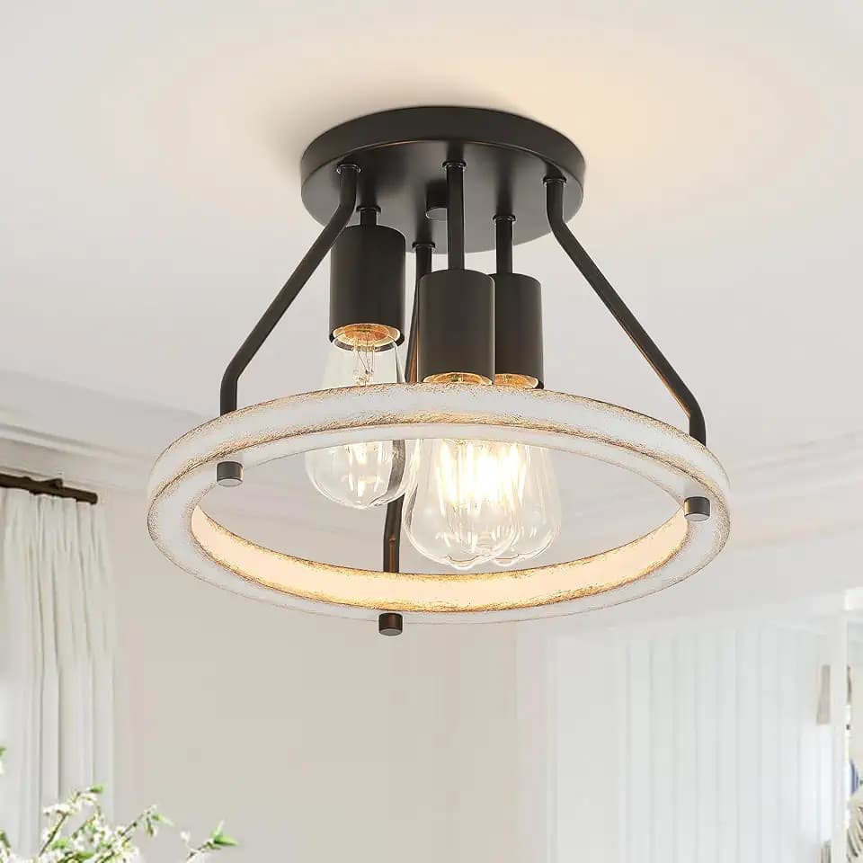 Rustic Flush Mount Ceiling Light Fixture with Oak White Wood Circle Shade Farmhouse Mini Semi Ceiling Lamps for Hallway Entryway Kitchen Closet 3-Light