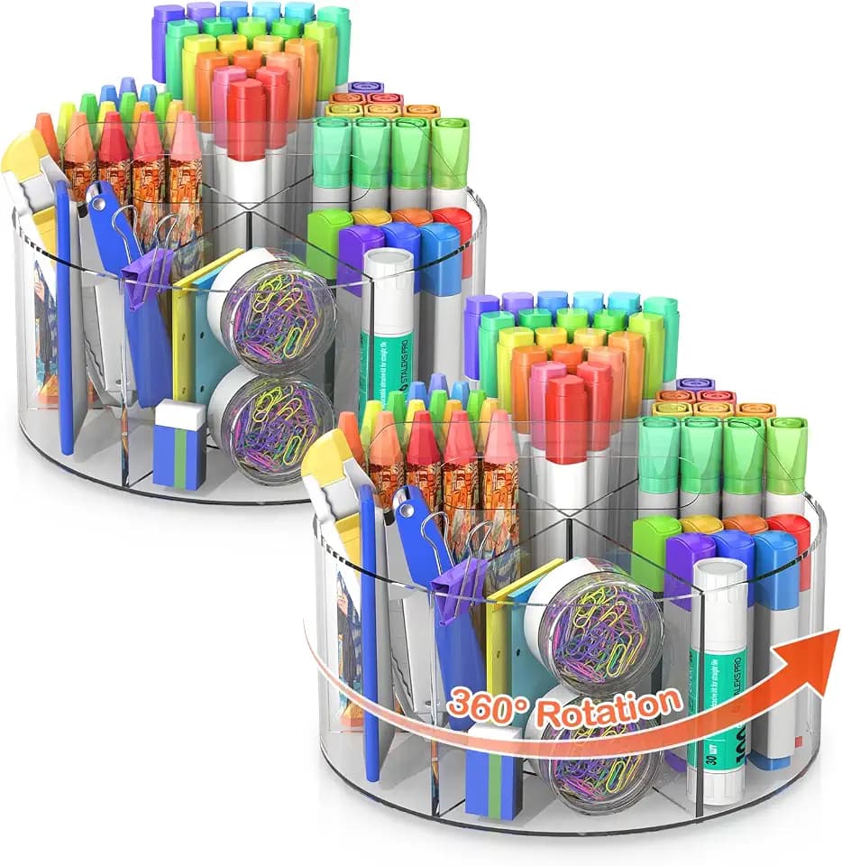 Mefirt Rotating Marker Organizer, 2 Pack Acrylic Pen Holder, 360° Rotating Pen Organizer, Acrylic Desk Office Organizer with 6 Compartments for Markers Pens Pencils Crayons, Home School Office, Clear