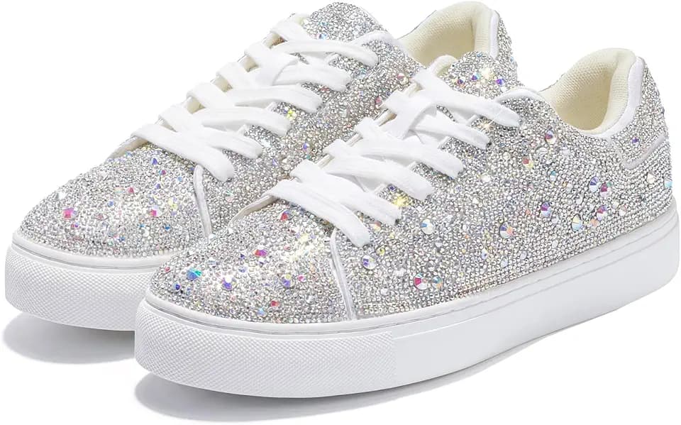 Suokdil Sparkly Rhinestone Sneakers for Women - Sparkle Fashion Bedazzled Platform Tennis Shoes, Bling Glitter Sequin Shoe for Ladies Wedding Bride Party Concert Outfit